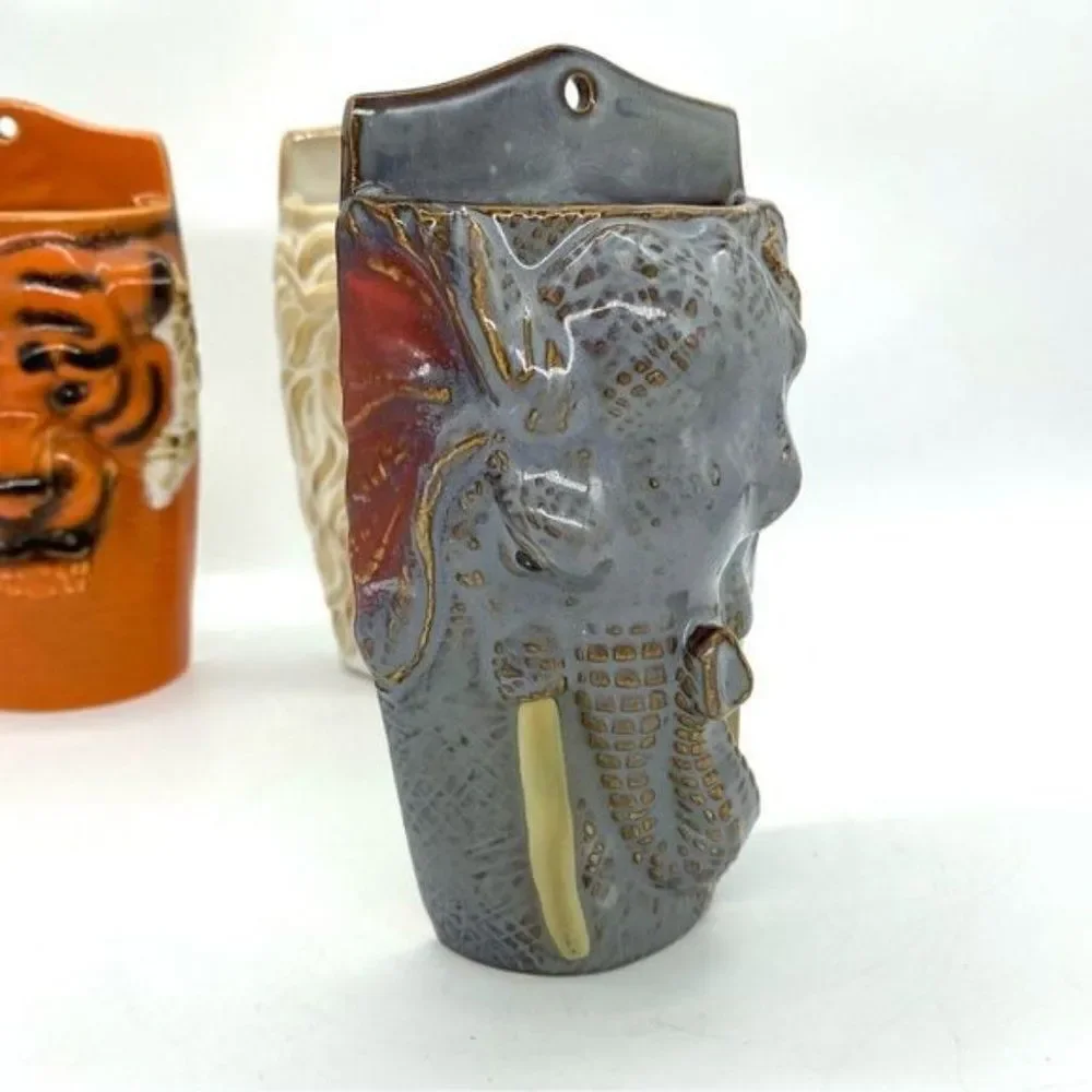 Safari Animals Tiger, Lion and Elephant Head Wall Pocket Vases